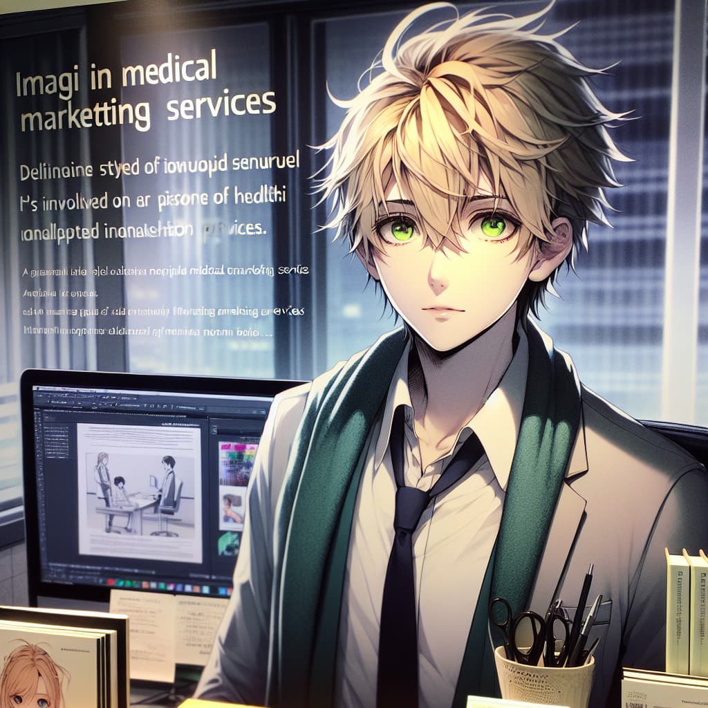 imagine in anime seraph of the end like look showing an anime boy with messy blond hair and green eyes working in arztemarketing dienstleistungen