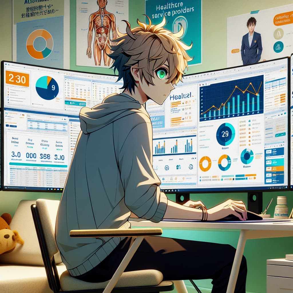 imagine in anime seraph of the end like look showing an anime boy with messy blond hair and green eyes working in digitales marketing fur gesundheitsdienstleister
