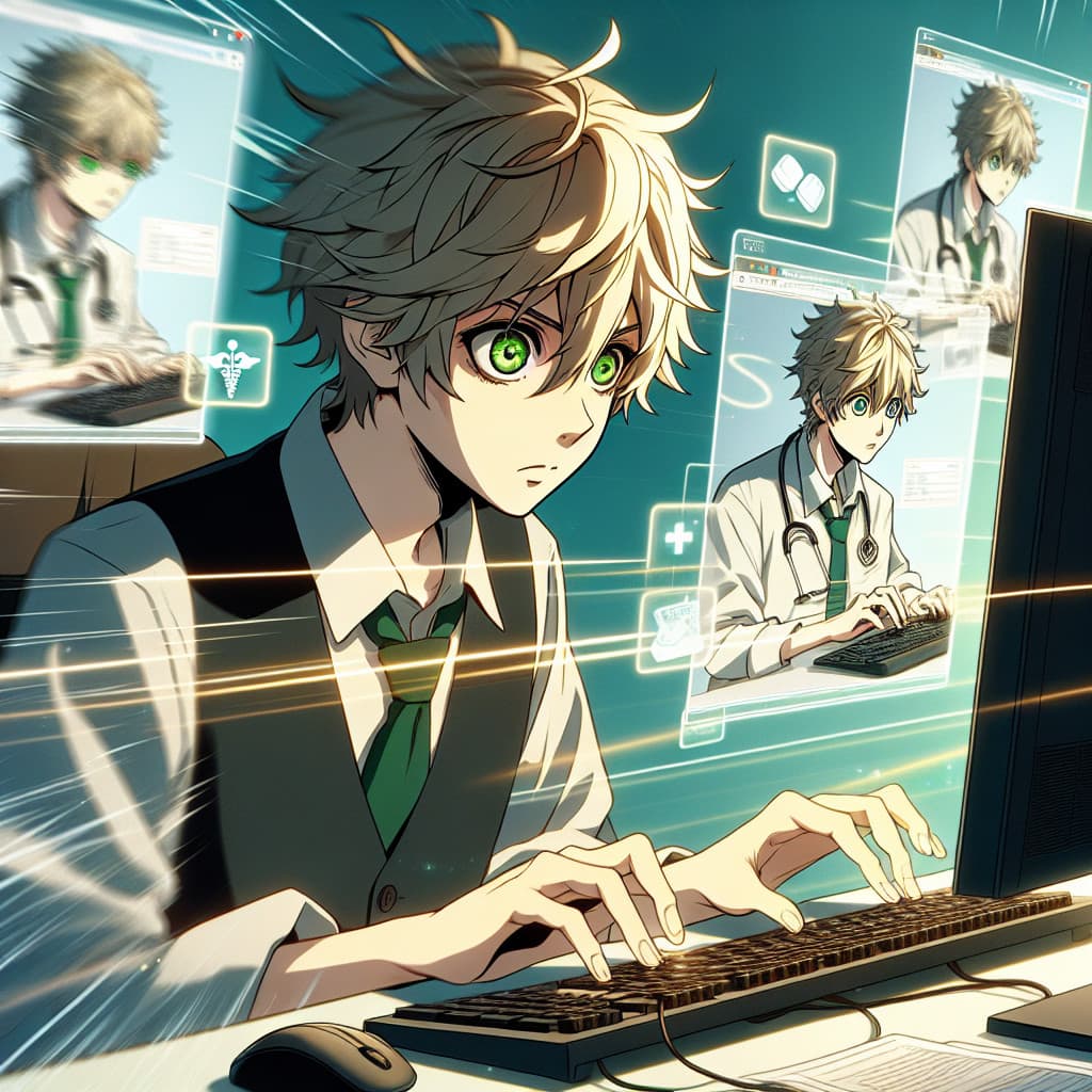 imagine in anime seraph of the end like look showing an anime boy with messy blond hair and green eyes working in online prasenz fur medizinische