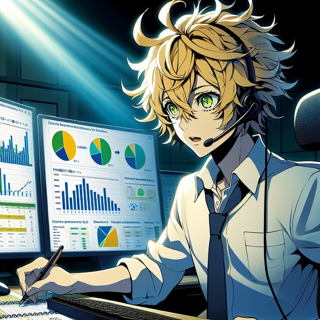 imagine in anime seraph of the end like look showing an anime boy with messy blond hair and green eyes working in versicherungs lead generierung