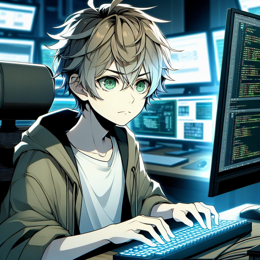 imagine in anime seraph of the end like look showing an anime boy with messy blond hair and green eyes working in versicherungs website entwicklung