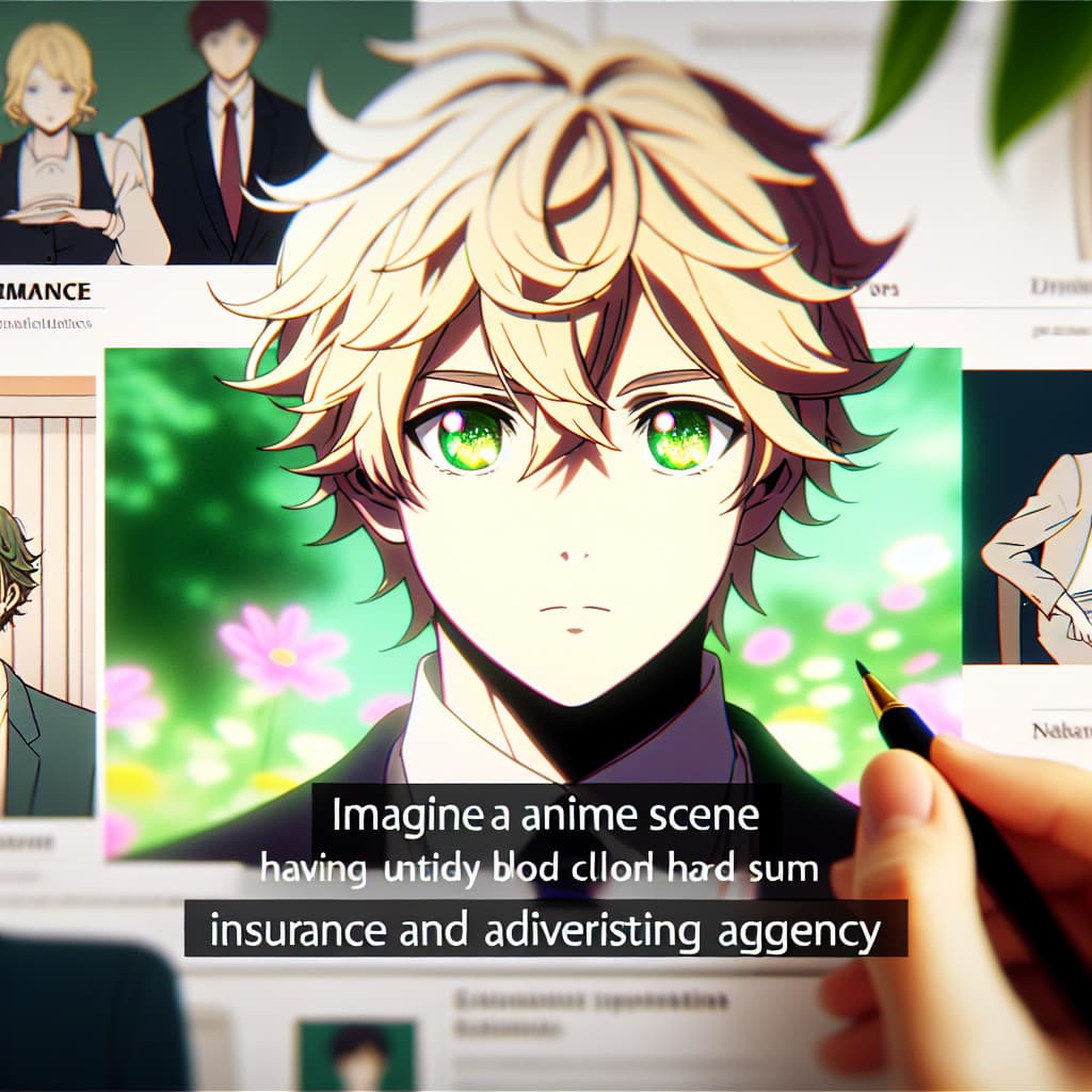 imagine in anime seraph of the end like look showing an anime boy with messy blond hair and green eyes working in versicherungsagentur werbeagentur