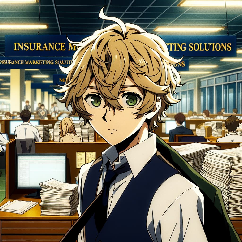 imagine in anime seraph of the end like look showing an anime boy with messy blond hair and green eyes working in versicherungsmarketinglosungen